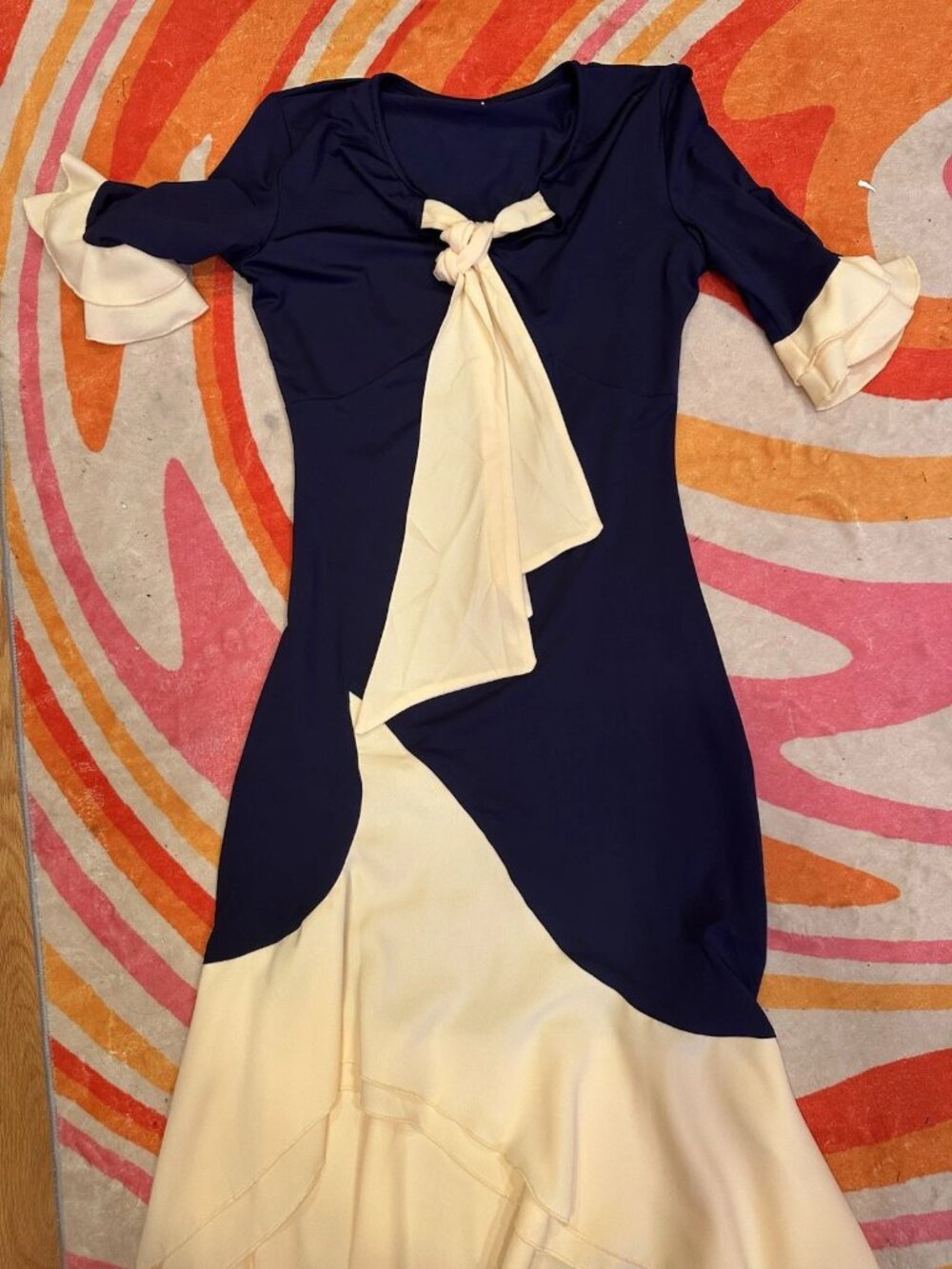 Indigo & Beige Formal Sleeve Flare Dress, Size M, Unused, Mint Condition
